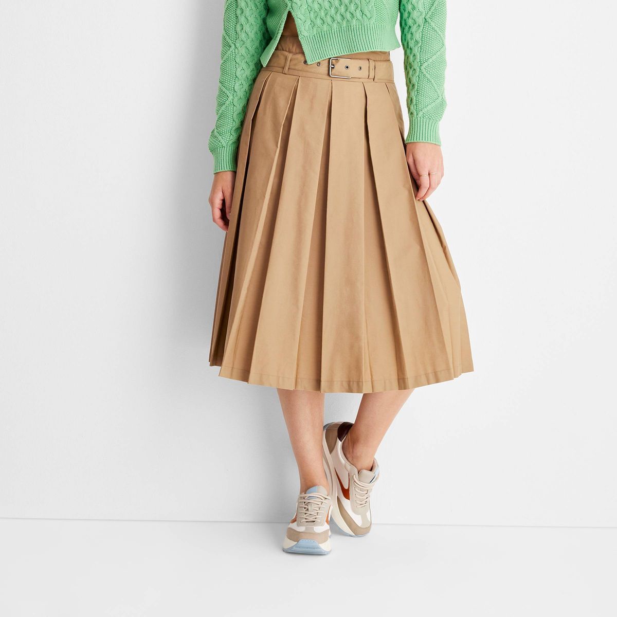 Women's Belt Buckle Pleated Midi Skirt - Future Collective™ with Reese Blutstein Tan | Target