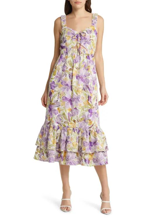 Adelyn Rae Kathleena Embroidered Eyelet Cutout Midi Dress in Lilac at Nordstrom, Size Small | Nordstrom