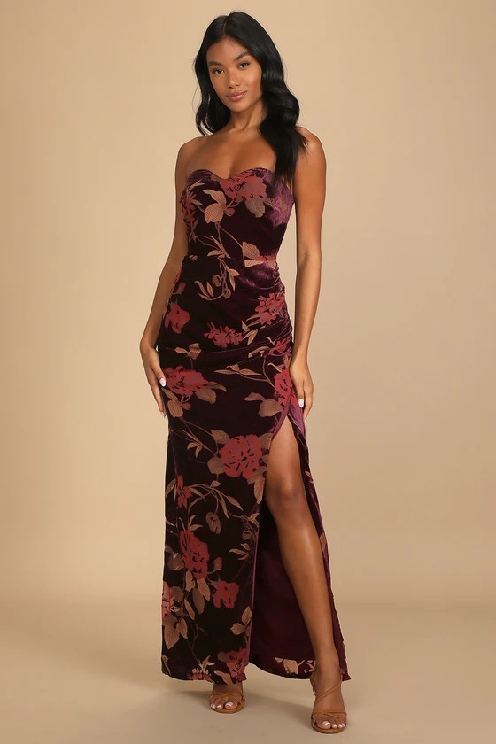 Exquisite Plum Purple Floral Burnout Velvet Strapless Maxi Dress | Lulus (US)