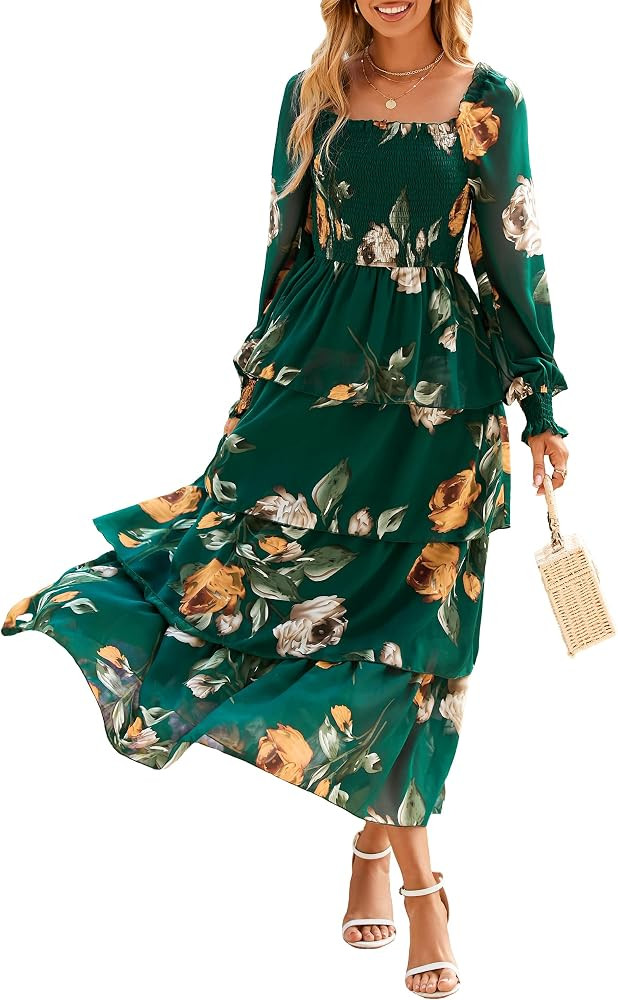 Simplee Womens Long Sleeve Floral Wedding Guest Dress Flowy Tiered Smocked Square Neck Fall Boho ... | Amazon (US)