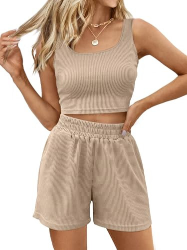 Trendy Queen Two Piece Lounge Set Summer Outfits 2 Piece Sets 2025 Sleeveless Matching Lounge Crop Top High Waisted Short Beige S | Amazon (US)