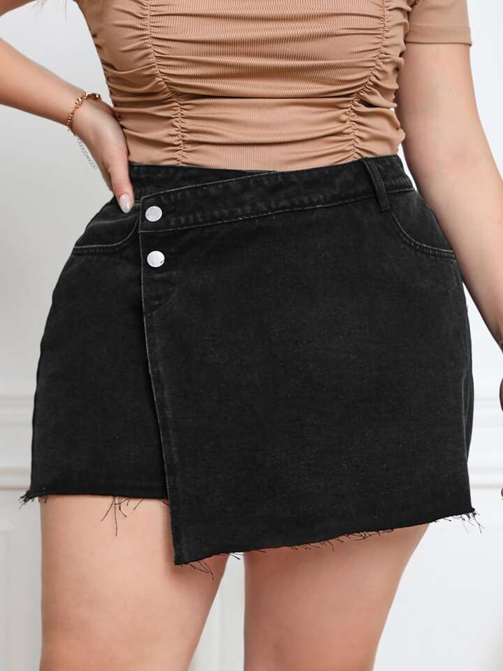 SHEIN Essnce Plus Solid Raw Trim Wrap Denim Skort | SHEIN