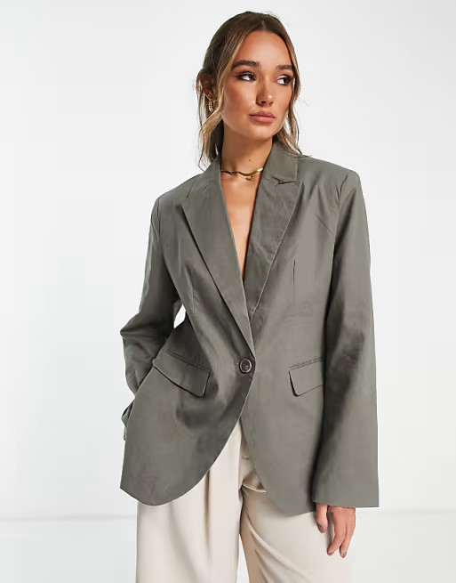 NA-KD dad oversized linen blazer in khaki - part of a set | ASOS (Global)