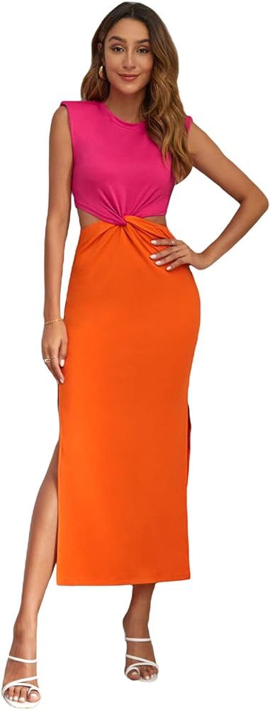 GORGLITTER Women's Slit Cut Out Bodycon Maxi Dress Colorblock Twist Front Sleeveless Long Dresses | Amazon (US)
