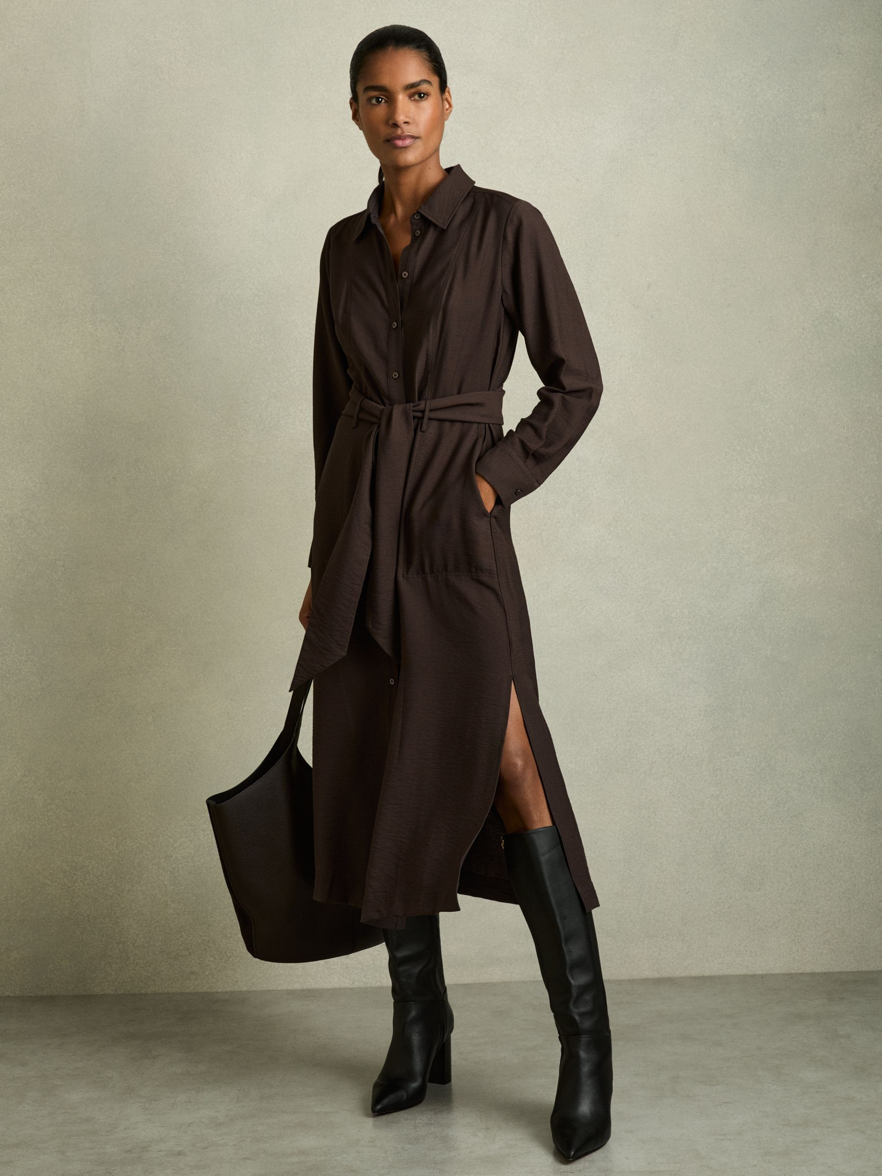 Long-Sleeve Belted Midi Dress in Charcoal | Reiss UK