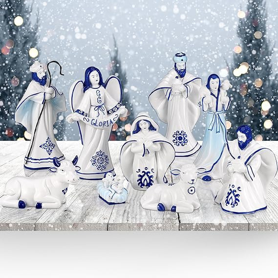 Tioncy 9 Pcs Porcelain Chinoiserie Nativity Set Delft Blue Nativity Sets Porcelain Blue Nativity ... | Amazon (US)