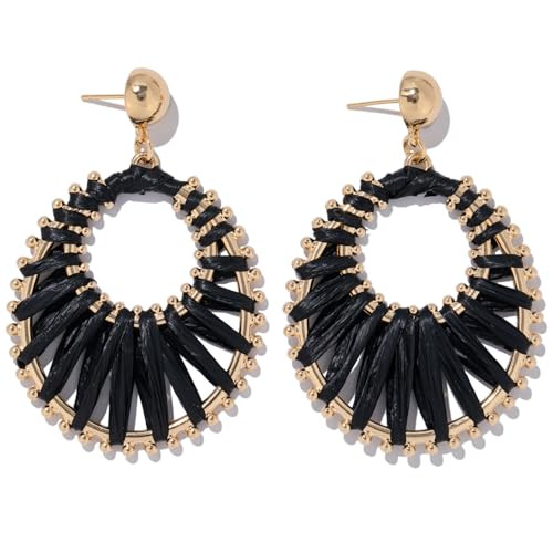 Gold Raffia Earrings Boho Summer Beach Jewelry Trendy Statement Dangle Drop Earrings for Women | Amazon (US)
