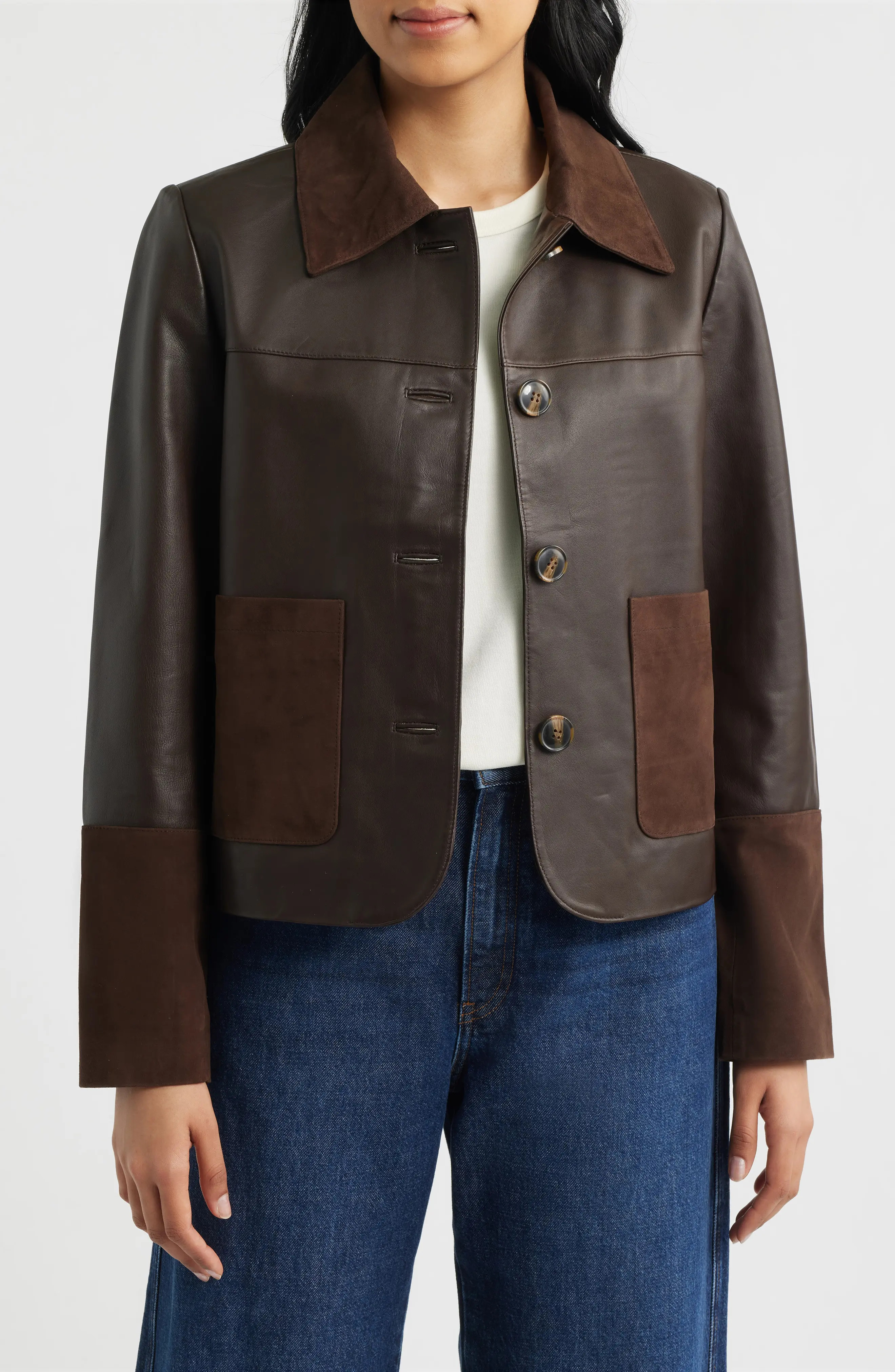 Short Mixed Media Leather Jacket (Women) | Nordstrom | Nordstrom