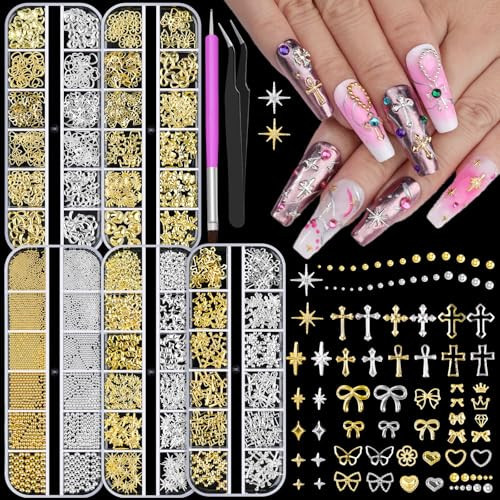 5 Boxes Gold and Silver Nail Charms, 3D Star Cross Nail Charms, Gold Silver Metal Nail Art Decoration, Bow Heart Butterfly Crown Caviar Beads Nails Studs with Pickup Tools for Nails Design DIY Craft | Amazon (US)