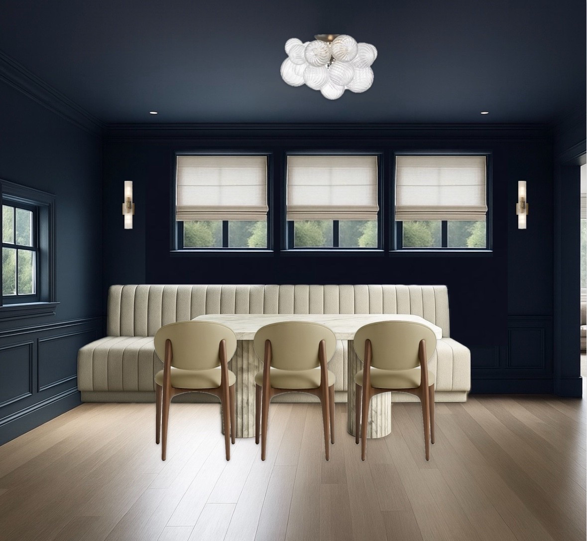 Office Kitchenette Goals

This cozy dining banquette gives you extra seating, a soft place to land during breaks, and that “boutique hotel lounge” vibe, while still being totally functional for an office. The marble pedestal table, modern wood chairs, and luxe channel-tufted bench make this moody nook feel both elevated and welcoming.

If you’re designing a kitchenette, office break room, multipurpose dining space, or banquette seating area, everything is linked for you here!

Drenched room, office design, kitchenette ideas, banquette seating, dining nook inspo, moody paint colors, navy room design, small office layout, modern workspace