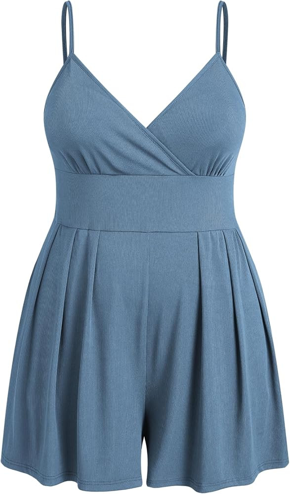 CIDER Plus Size Rompers For Curvy Women V Neck Sleeveless Spaghetti Strap Wide Leg Shorts Overall... | Amazon (US)