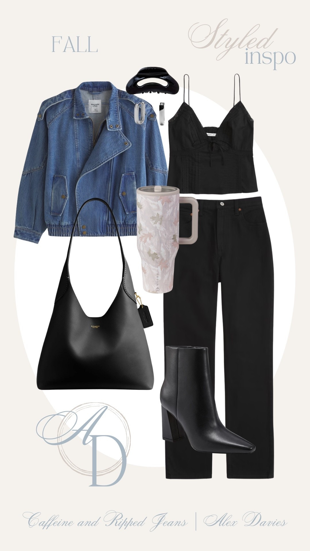 // black denim outfit // denim bomber jacket // Abercrombie in app sale // Abercrombie denim // Abercrombie jackets for fall // jacket for fall // black coach bag // camo cup // black booties // claw clip // 

#LTKSaleAlert #LTKFallSale #LTKSeasonal