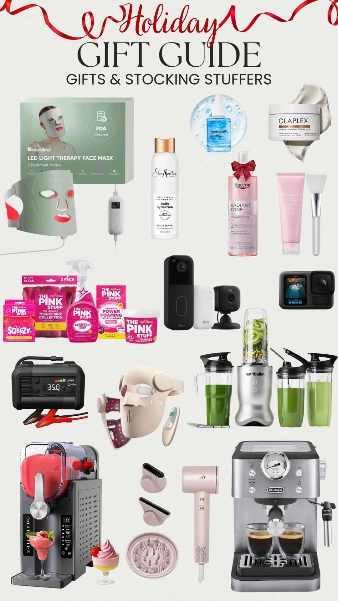 This holiday gift and stocking stuffer guide has the best mix of fun, practical, and cozy upgrades 🎁✨ From kitchen favorites like a slushie machine and blender to everyday must haves like a coffee maker, blender, and hair dryer, there’s something for every homebody and adventurer. I also rounded up tech gifts like the Ring Doorbell Camera and GoPro, plus beauty picks like skin care and red light face masks for that winter glow. Add in a car charger and tire inflator for the ultimate practical gift, and the Pink Stuff Cleaning Kit to tackle messes like a pro. These are the crowd pleasing, thoughtful, and useful gifts everyone actually wants this season 🎄🛍️ 

 #LTKGiftGuide #LTKSaleAlert