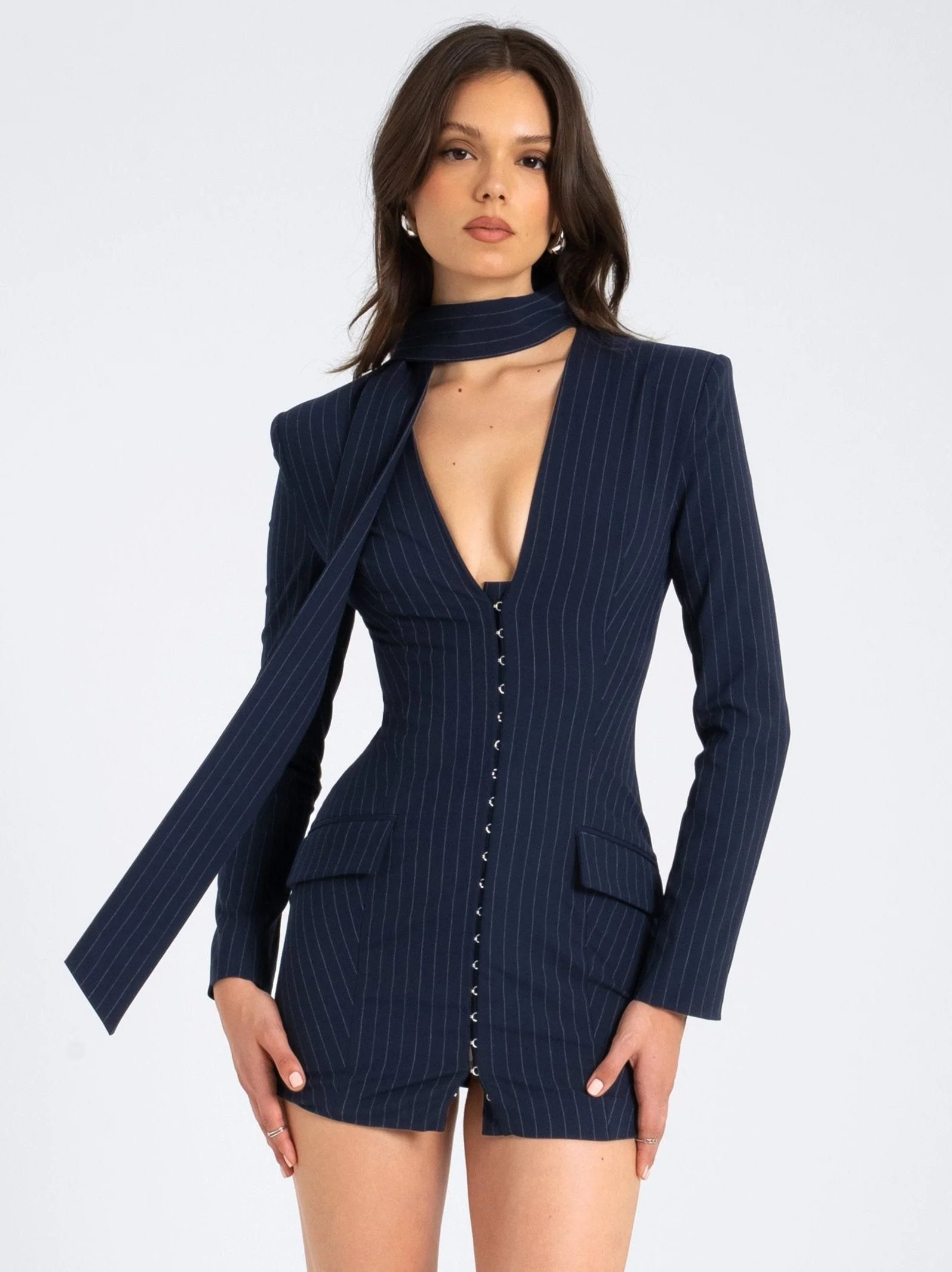 Tahlia Deep V Pinstripes Navy Blue Blazer Dress with scarf collar | Miss Circle