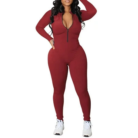 Women One Piece Bodycon Jumpsuit Zipper Long Sleeve Pants Romper | Walmart (US)