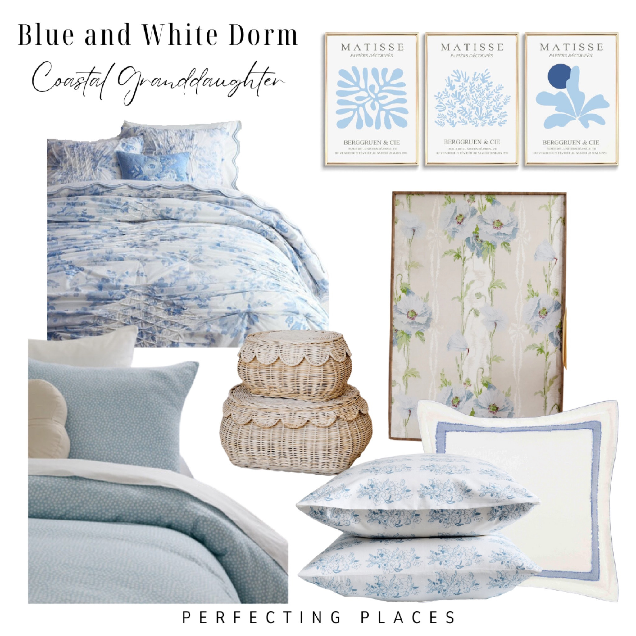 This Coastal Granddaughter blue and white dorm room decor is they perfect way to create and classic yet cozy dorm room. Pottery Barn bedding, Matisse prints, scalloped rattan boxes, blue and white coastal beddingg

#LTKhome #LTKstyletip