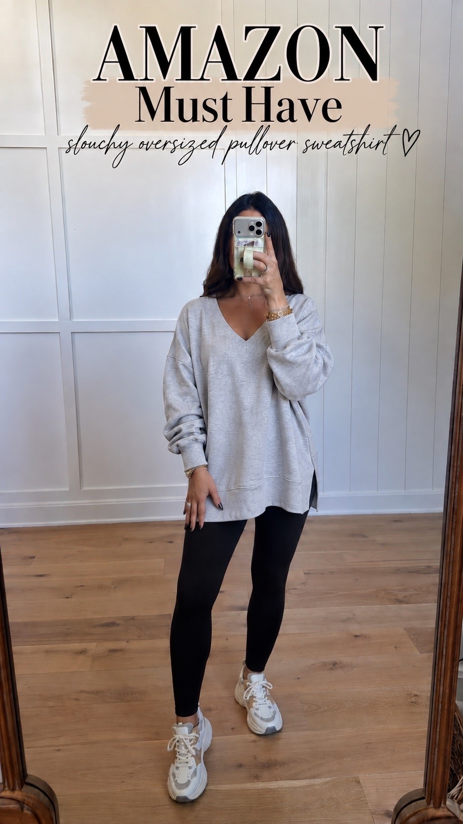 My kind of everyday outfit! 🤍 This oversized V-neck sweatshirt with black leggings and chunky sneakers is so comfortable while still looking put together. Perfect for running errands, travel days, school drop-off, or lounging at home!
#leggings outfit, oversized sweatshirt, casual fall outfit, athleisure outfit, mom outfit, comfy outfit ideas, travel outfit, black leggings, fall casual style