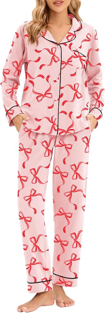 LUBOT Christmas Pajamas 100% Cotton Womens Pajamas Set 2 Piece Soft Button-Down Xmas PJs Set Slee... | Amazon (US)