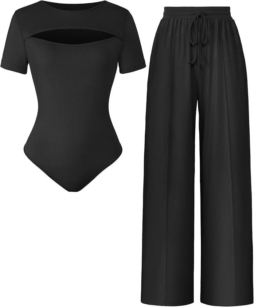 Two Piece Sets For Women Cutout Front Short Sleeve Bodysuit Drawstring Pants Casual Outfits | Amazon (US)