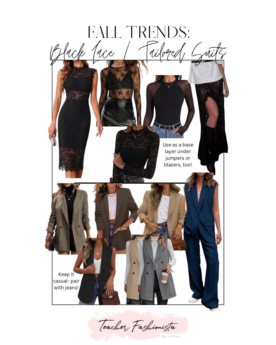 Fall trends: black lace on its own, or as a base layer; tailored suits and blazer vests!


Amazon outfits, casual workwear, night out, lace tops

#LTKSeasonal #LTKOver40 #LTKSaleAlert