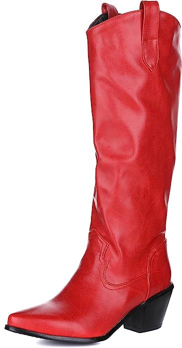 depdream Women Cowgirl Mid Calf Boots Chunky Heel Pointy Toe Tabs Western Cuban Cowboy Winter Sho... | Amazon (US)