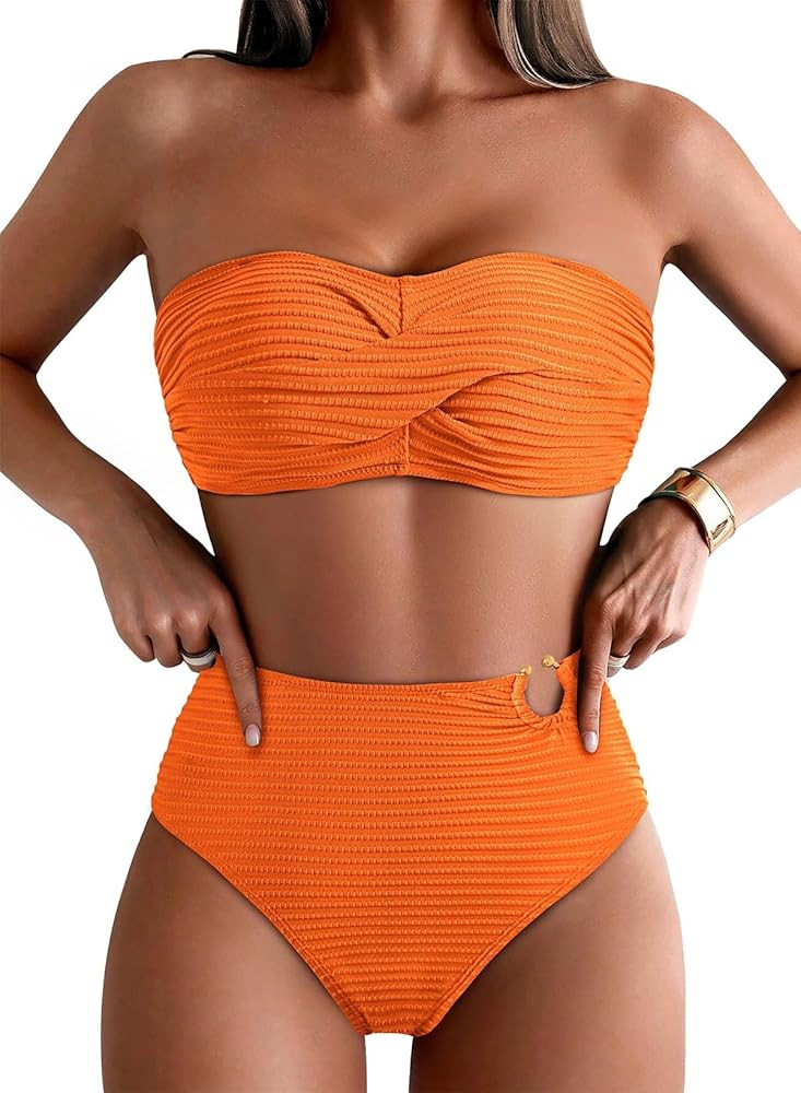 Pink Queen High Waisted Bikini Sets for Women Twist Front Bandeau Top Metal Ring Swimsuits Bathin... | Amazon (US)