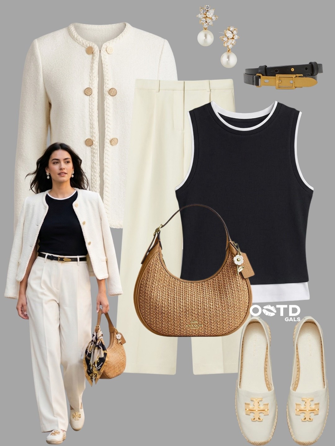 Classic Contrast, Summer Ready 🤍🖤

Clean neutrals with a touch of texture. Polished, effortless, and quietly luxe.

The kind of outfit that always looks expensive.

✨ Style Details:
• Cream textured jacket for a refined, timeless layer  
• Tailored ivory trousers for a sleek silhouette  
• Black sleeveless knit for sharp contrast  
• Raffia shoulder bag to bring in soft, summery texture  
• Cream espadrilles for an easy, elevated finish  
• Gold + pearl accents to add subtle elegance  

Minimal, chic, and endlessly wearable ✨

#LTKStyle #LTKWorkwear #QuietLuxury

#LTKootd #LTKgrwm