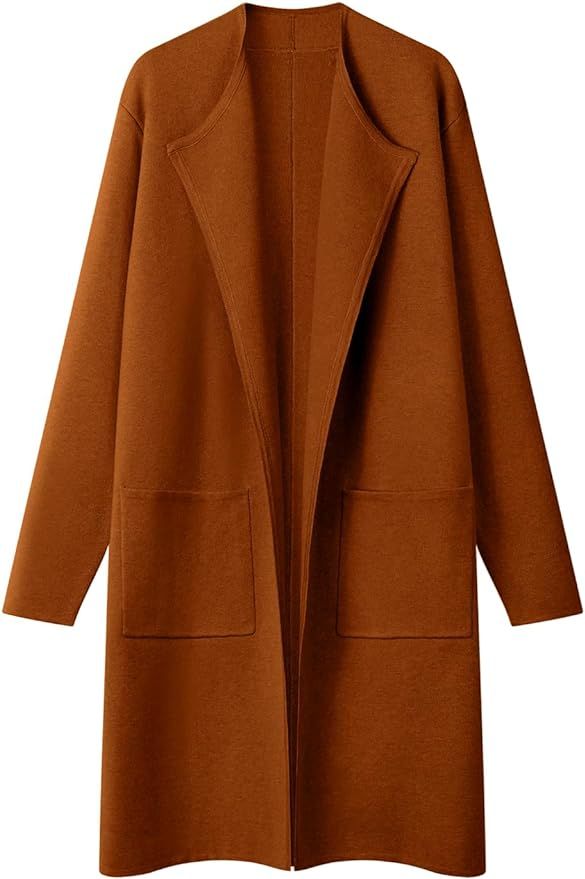 MEROKEETY Women's Open Front Coatigan Sweater Long Sleeve Casual Knit Lapel Cardigan Coat with Po... | Amazon (US)