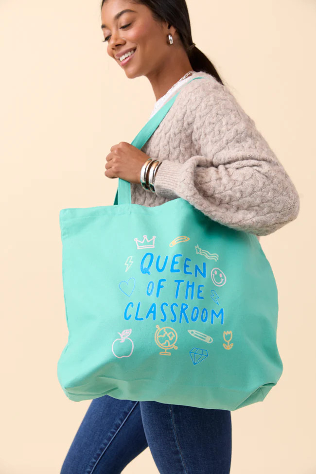 Queen Of The Classroom Sea Glass Green Graphic Tote Bag | Pink Lily