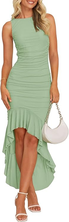 ZESICA Women's 2025 Summer Ruched Bodycon Dress Sleeveless Backless Ruffle Mermaid Cocktail Weddi... | Amazon (US)
