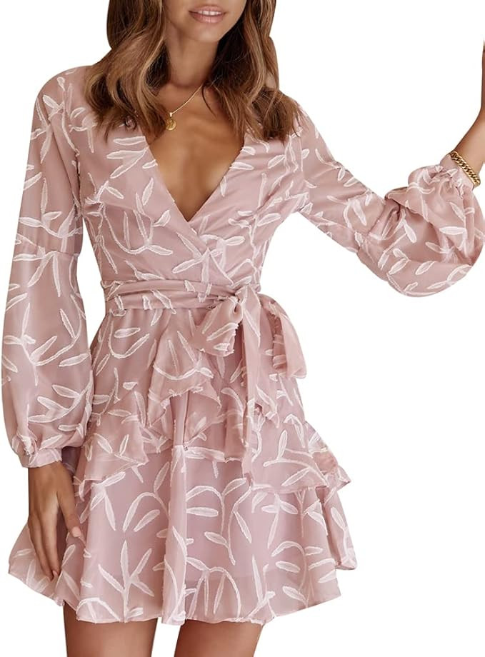 NANKEYSTAR Women's Crochet Leaves Long Sleeve V-Neck Ruffle Hem Swing Mini Dresses with Zipper | Amazon (US)