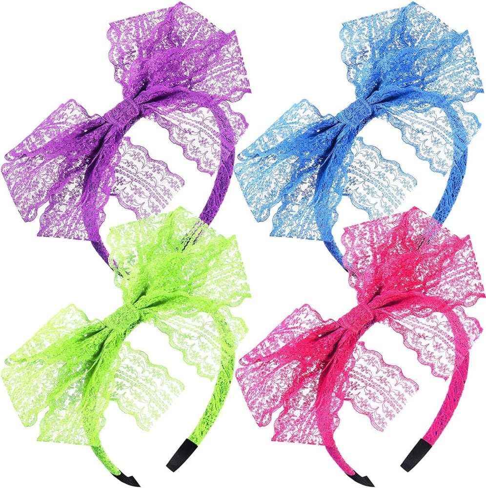 Blulu 80's Lace Headband Costume Accessories for 80s Theme Party, No Headache Neon Lace Bow Headband | Amazon (US)