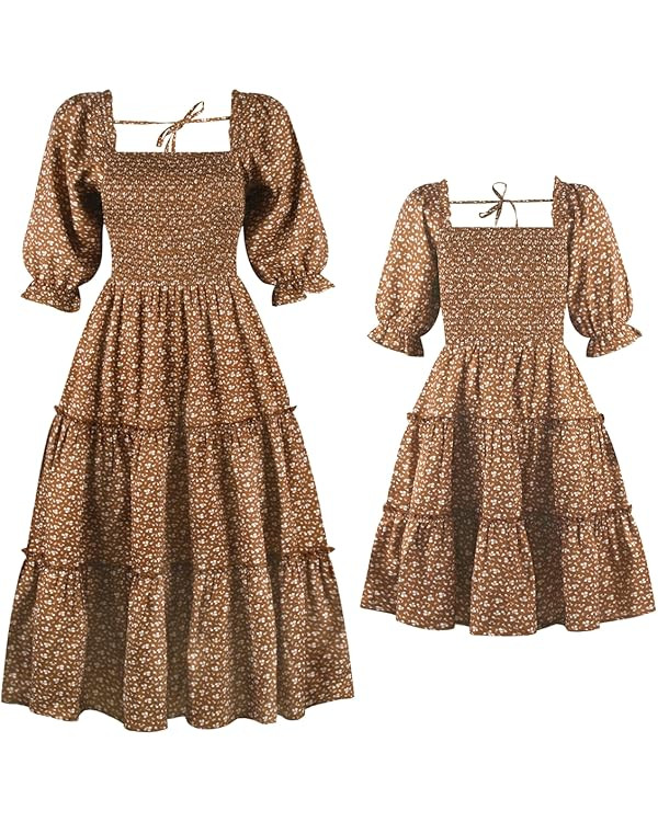 Mommy and Me Matching Dresses Floral Printed Ruffled Lantern Sleeves A-Line Long Dress Mom Daught... | Amazon (US)