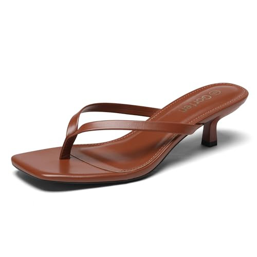 Gorfen Women's Brown Kitten Heel Sandals Square Toe Flip Flop Beach Heels Comfort Brown 6.5 | Amazon (US)