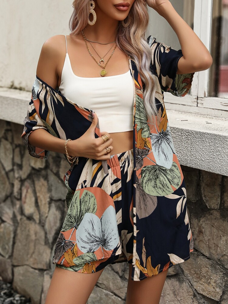 SHEIN VCAY Tropical Print Kimono & Shorts Without Cami Top | SHEIN