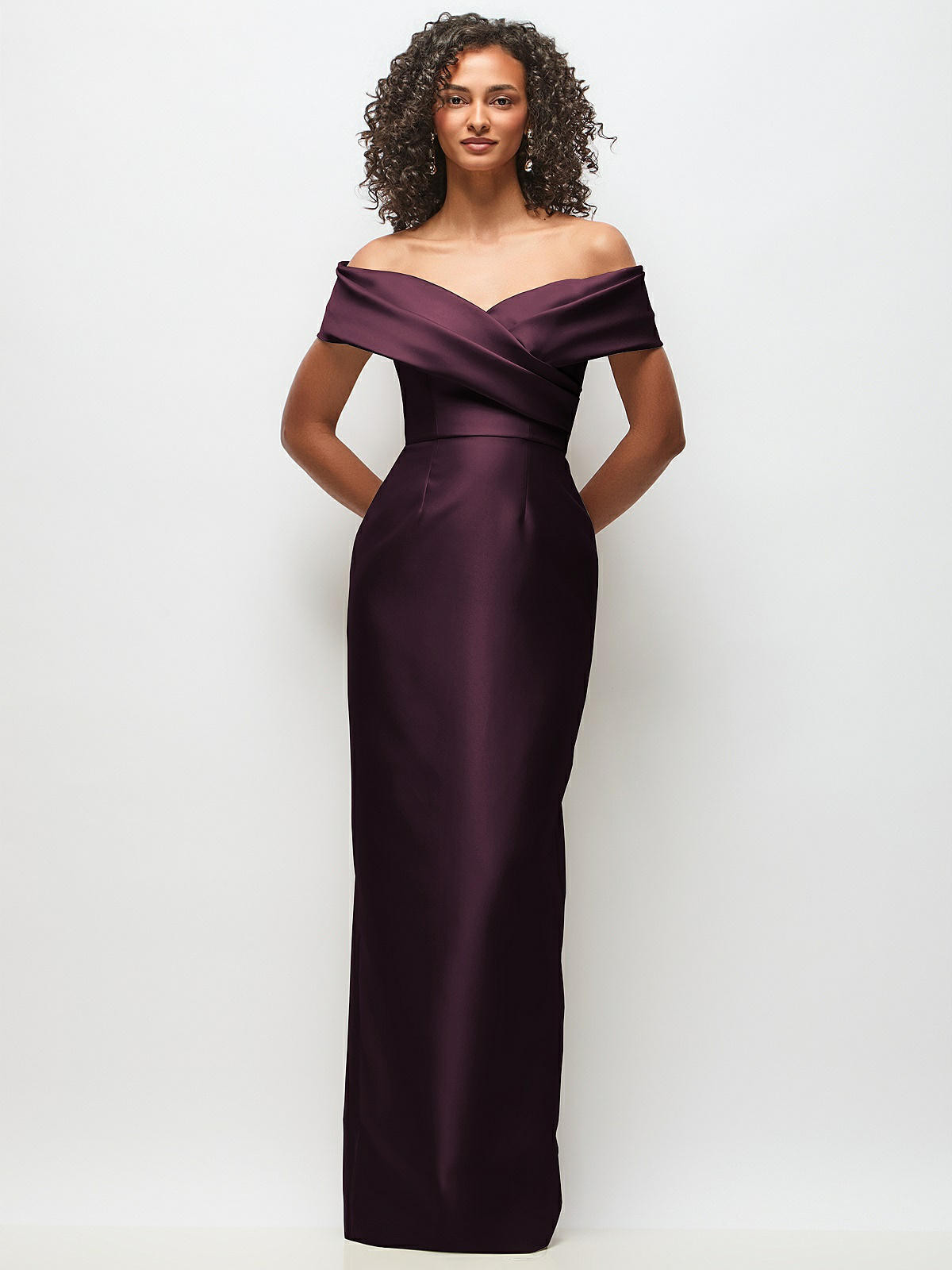Draped Wrap Off-the-Shoulder Satin Column Floral Maxi Dress in Deep Plum | Dessy Group