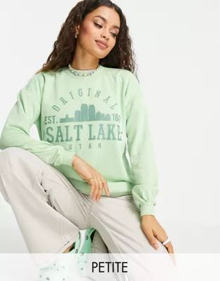 Noisy May Petite sweater with colligiate graphic in green - part of a set | ASOS (Global)