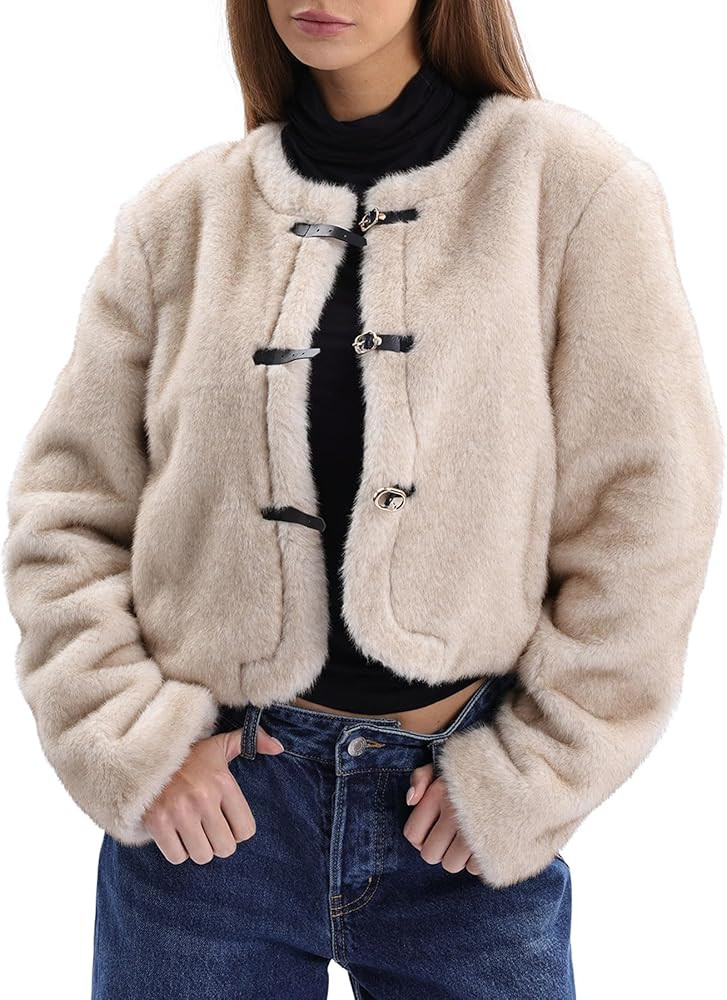 Amazhiyu Women's Faux Fur Cropped Coat with Leather Belt Detail Winter Jacket | Amazon (US)