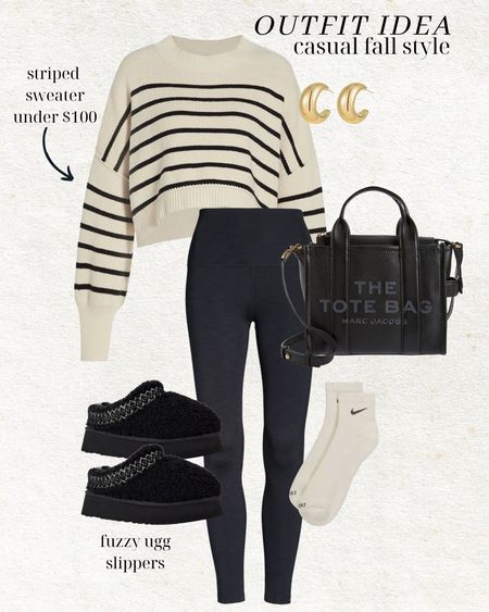 Casual fall style outfit idea 🖤 this cute cropped striped sweater is such great quality and under $100! I love it with leggings or jeans or draped over the shoulders ✨ and these fuzzy tazz Ugg slippers are my new obsession for fall! 

Fall style; fall outfit; casual style; mom style; striped sweater; free people; beyond yoga; the tote bag; Marc jacobs bag; tazz Ugg slippers; fuzzy Ugg slippers; Nike socks; Nordstrom; Christine Andrew 

#LTKshoecrush #LTKSeasonal #LTKstyletip