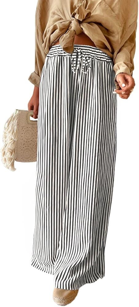 Acelitt Women Casual Drawstring Elastic Waist Striped Wide Leg Pants with Pockets, S-XXL | Amazon (US)