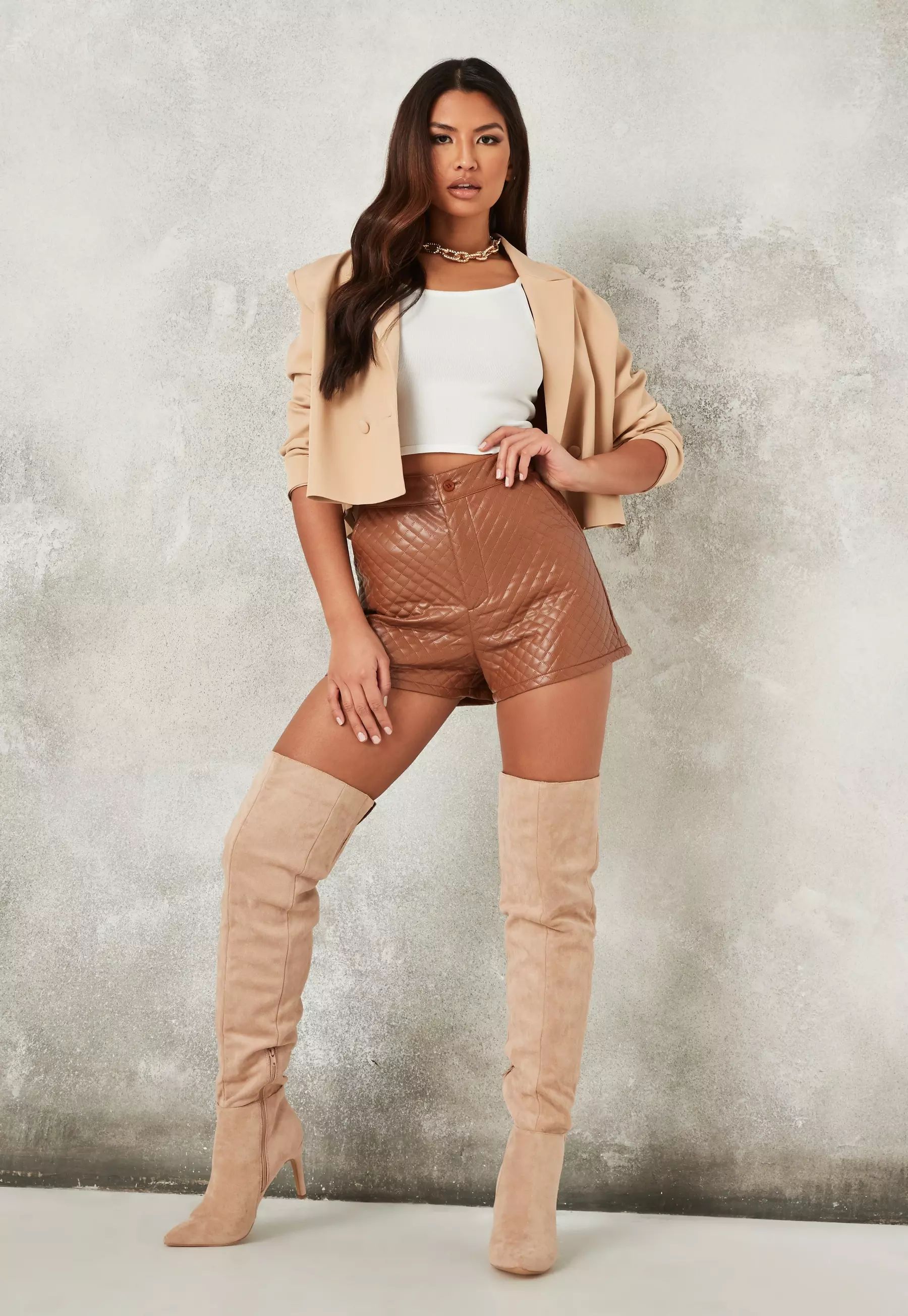 Brown Quilted Faux Leather Shorts | Missguided (US & CA)