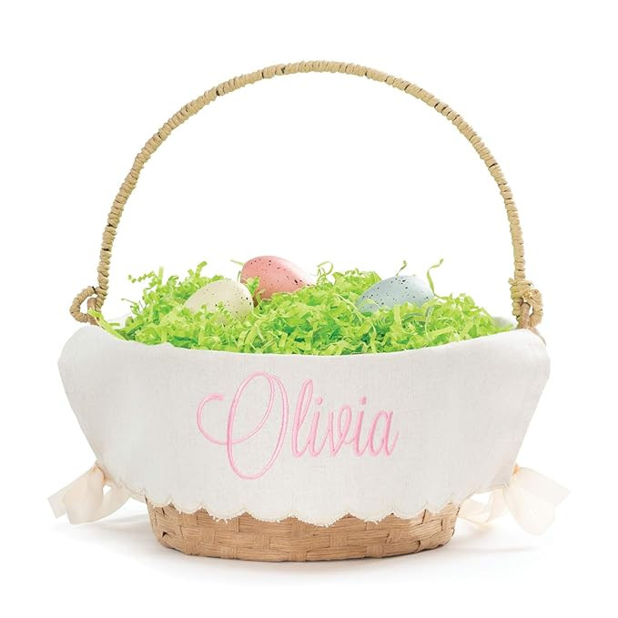 Personalized Easter Egg Basket with Handle and Custom Name in Pink Script | Scallop Edge Linen Ea... | Amazon (US)