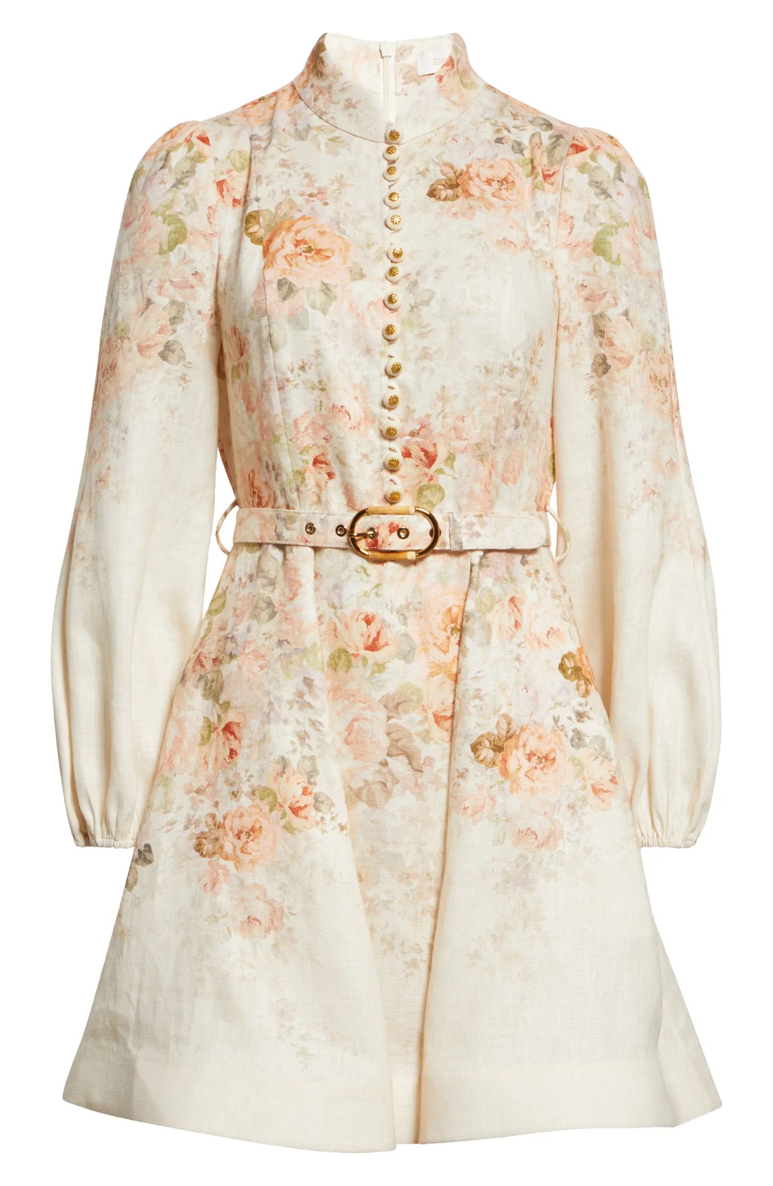 Zimmermann Illustration Floral Long Sleeve Belted Linen Minidress | Nordstrom | Nordstrom