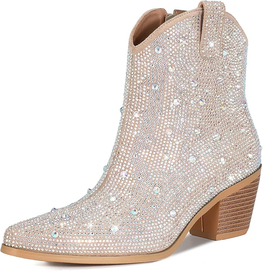 FIFSY Women Rhinestone Cowboy Boots Glitter Chunky Heel Sparkly Cowgirl Ankle Boots… | Amazon (US)