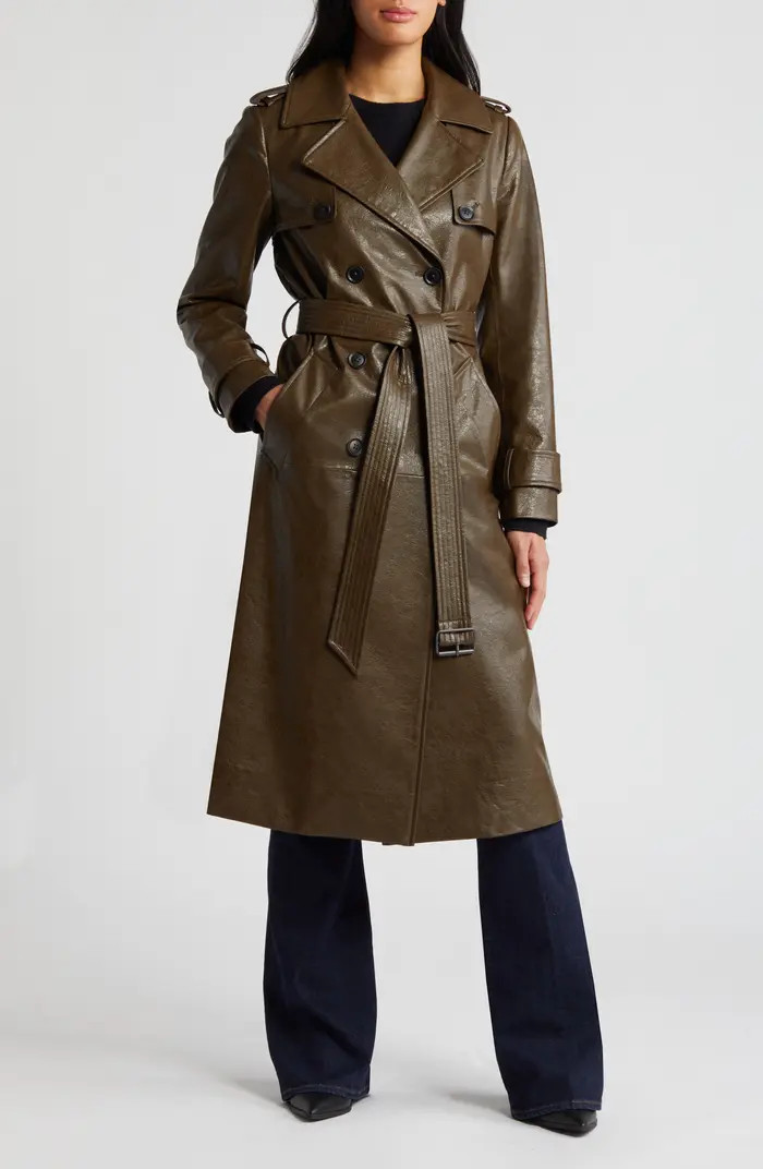 BCBGMAXAZRIA Belted Double Breasted Faux Leather Trench Coat | Nordstrom | Nordstrom