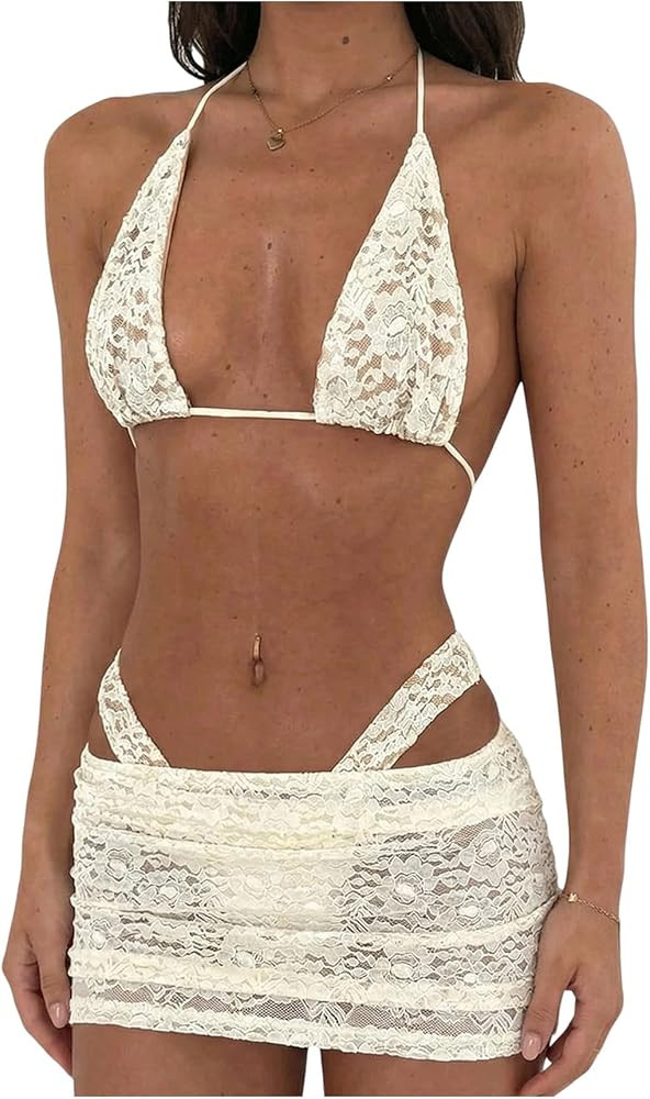 MakeMeChic Women's Triangle Thong Bikini Sets Floral Lace Halter Bathing Suit Swimsuit Cover Up S... | Amazon (US)