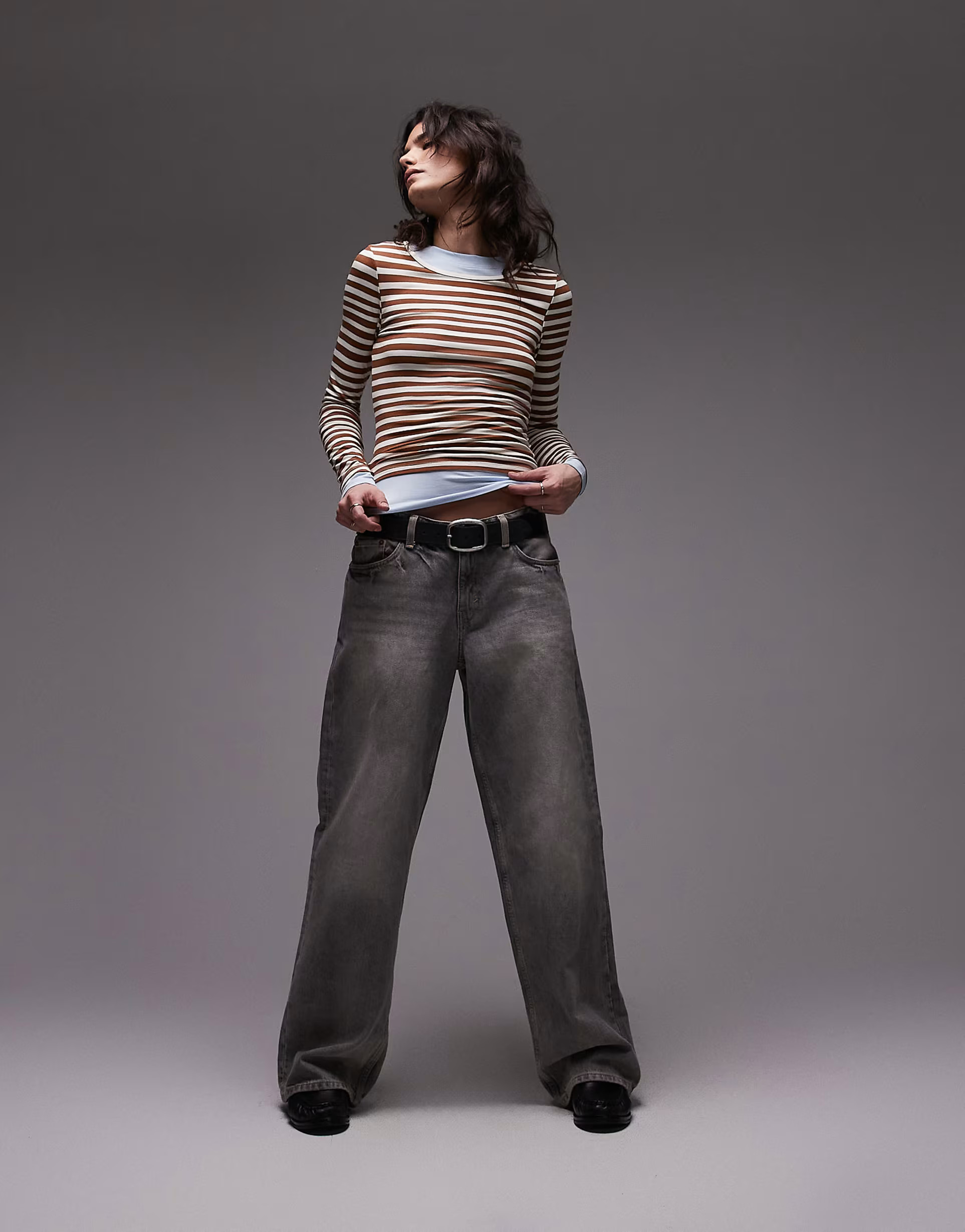 Topshop double layer jersey top in brown stripe | ASOS | ASOS (Global)