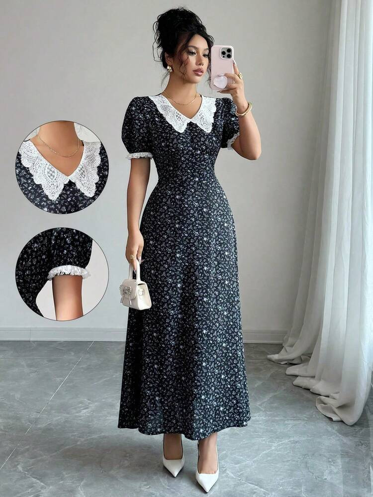 Modelyn French Ditsy Floral Puff Sleeve Waist Cinched Slim Fit Dress | SHEIN