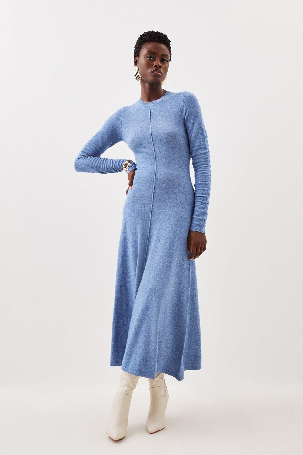 Cashmere Wool Crew Neck Ruched Sleeve Midi Dress | Karen Millen US