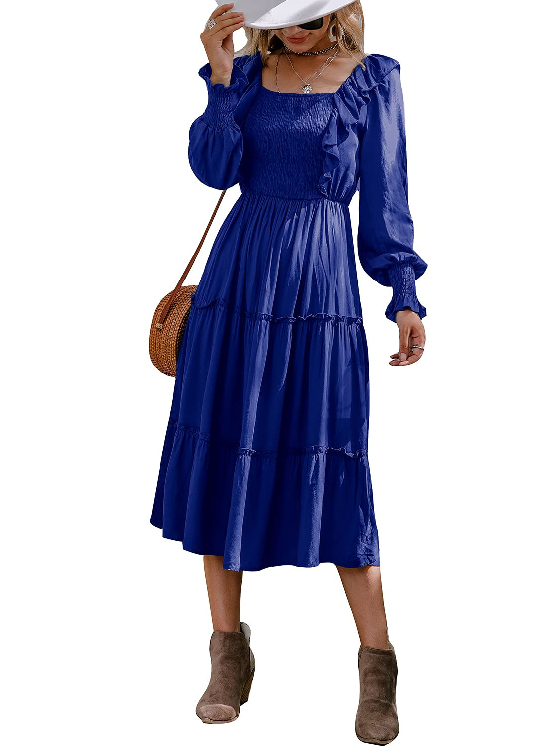 Miessial Women's Striped Linen Long Dress Elegant Ruffle Cap Sleeves Midi Dress | Amazon (US)